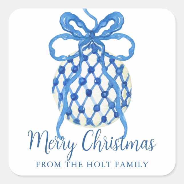 Watercolor Blue Chinoiserie Ornament Christmas Square Sticker (Front)