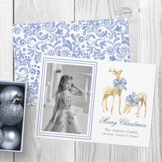 Watercolor Blue Chinoiserie Reindeer Photo Holiday Card (Creator Uploaded)
