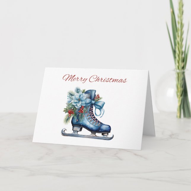 Watercolor Blue Christmas Ice Skate with Ribbon Holiday Card (Front)