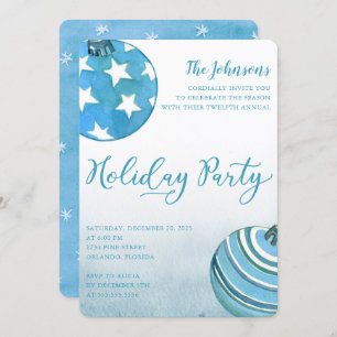 Watercolor Blue Christmas Ornaments Dinner Party Invitation