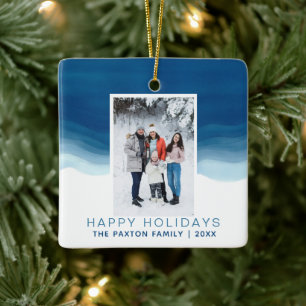 Watercolor Blue Christmas Photo Happy Holiday Ceramic Ornament