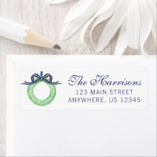 Watercolor Blue Christmas Plaid Bow Wreath Return Address Label