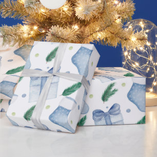 Watercolor Blue Christmas Stockings and Presents  Wrapping Paper