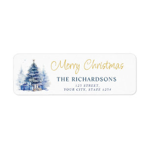Watercolor Blue Christmas Tree Return Address Label