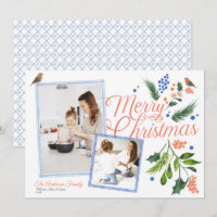 Watercolor Blue Citrus Merry Christmas Two Photos