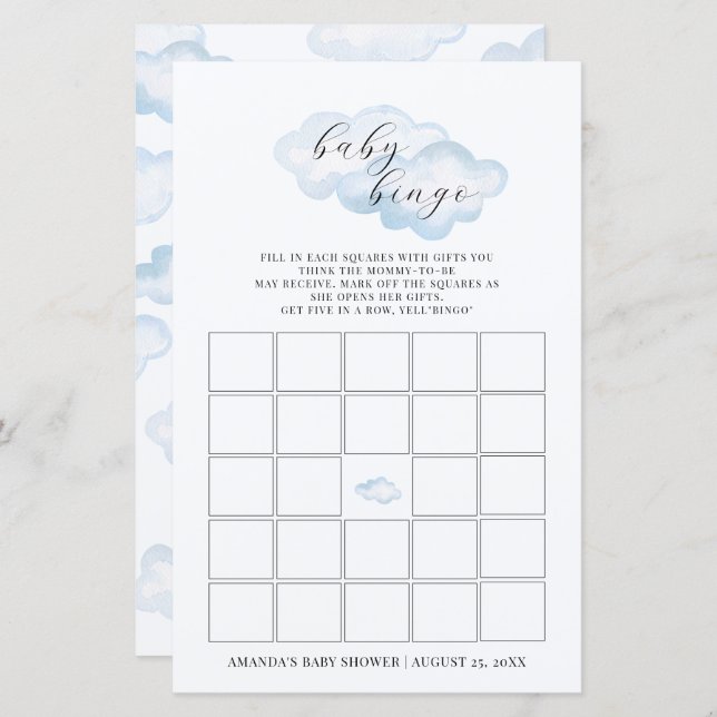 Watercolor Blue Cloud Baby Shower Baby Bingo (Front/Back)