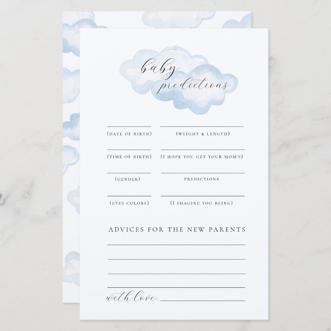 Watercolor Blue Cloud Baby Shower Baby Predictions (Front/Back)