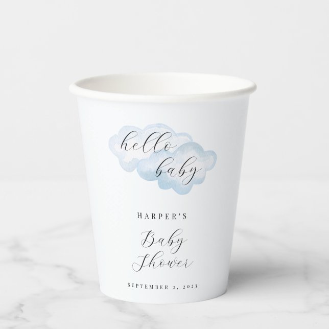 Watercolor Blue Cloud Baby Shower Paper Cups (Front)