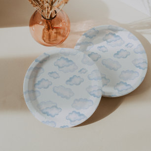 Watercolor Blue Cloud Baby Shower Paper Plate
