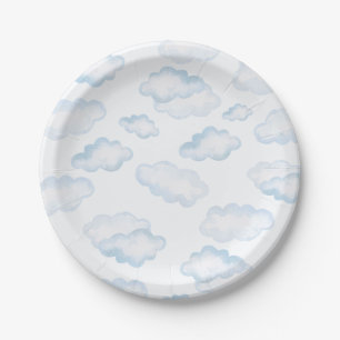 Watercolor Blue Cloud Baby Shower Paper Plate