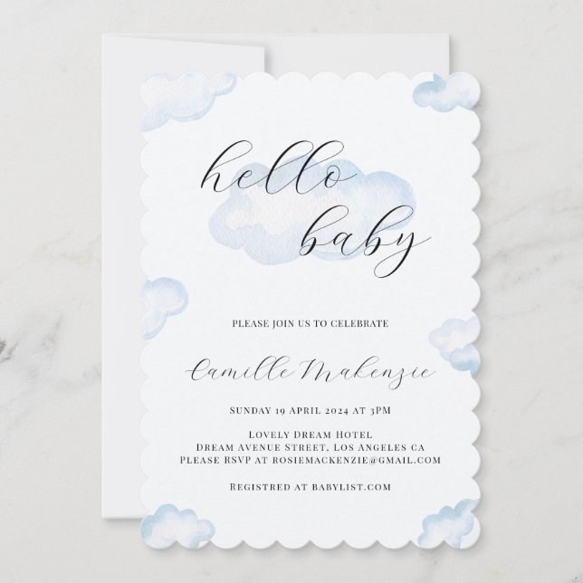 Watercolor Blue Cloud Baby Shower Photo Invitation (Front)