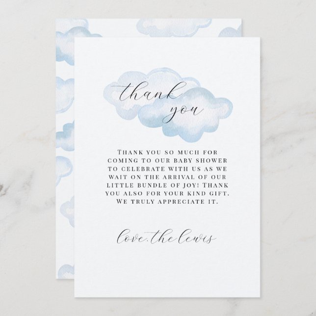 Watercolor Blue Cloud Baby Shower thank you cards (Front/Back)