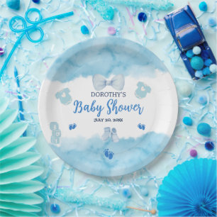 Watercolor blue cloud pastel brush Baby Boy Shower Paper Plate