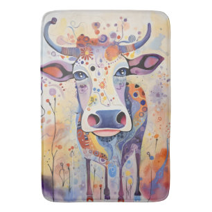 Watercolor Blue colourful Whimsical Cow Bubbly Sof Bath Mat