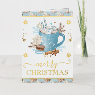 Watercolor Blue Cookies and Hot Cocoa Christmas Foil Holiday Card