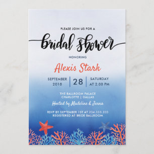 Watercolor Blue Coral Starfish Ocean Bridal Shower Invitation