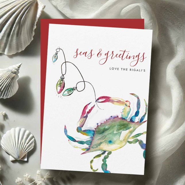 Watercolor Blue Crab Beach Christmas Card (Beach holiday cards watercolor blue crab art by Victoria Grigaliunas Do Tell A Belle)