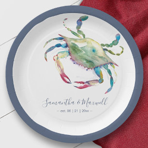 Watercolor Blue Crab Beach Wedding Paper Plate