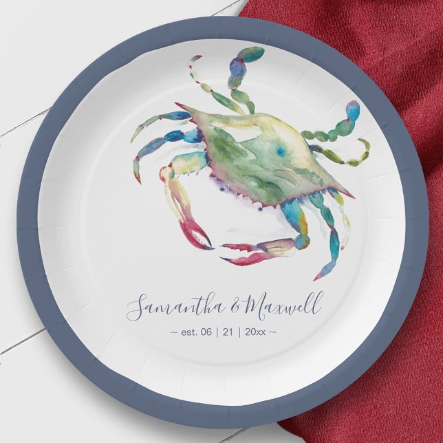 Watercolor Blue Crab Beach Wedding  Paper Plate (crab plates seafood boil crab feast supplies watercolor art by Victoria Grigaliunas)