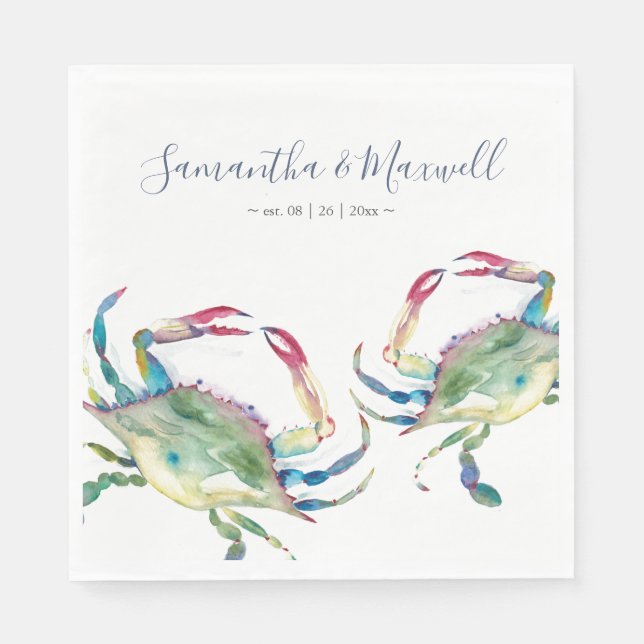 Watercolor Blue Crab Beach Wedding Personalised Na Napkin (Front)
