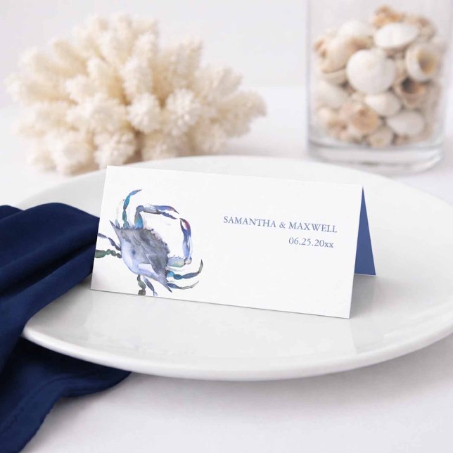 Watercolor Blue Crab Beach Wedding Place Card (Crab place cards in shades of blue watercolor art by Victoria Grigaliunas Do Tell A Belle)