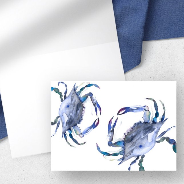 Watercolor Blue Crab Cards Blank Inside (Watercolor crab folded notecard in shades of blue by Victoria Grigaliunas of Do Tell A Belle)