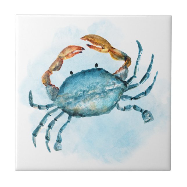 Watercolor Blue Crab Coastal Ceramic Tile (Front)