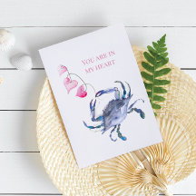 Watercolor Blue Crab Cute Valentines Day Card