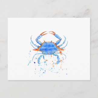 Watercolor blue crab paint splatter postcard