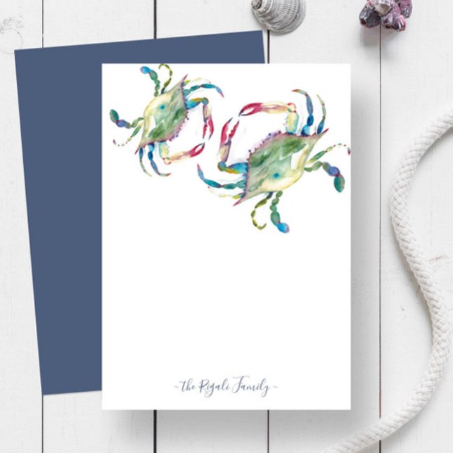 Watercolor Blue Crab Personalised Stationery Card (Personalized stationery watercolor blue crab art by Victoria Grigaliunas of Do Tell A Belle)