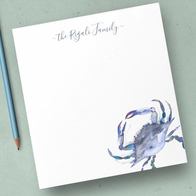 Watercolor Blue Crab Personalised Stationery Notepad (custom note pad beach blue watercolor crab )
