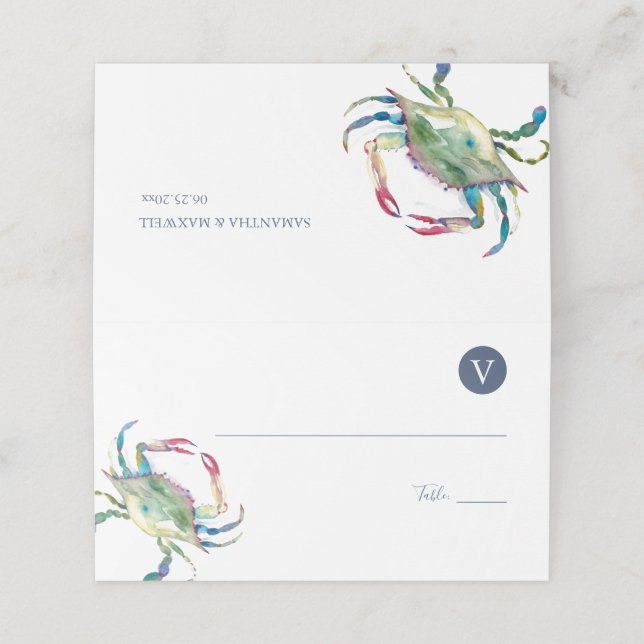 Watercolor Blue Crab Place Cards – Beach Wedding (Outside Unfolded)