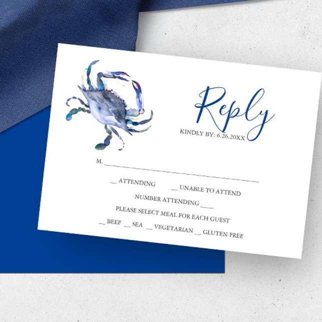 Watercolor Blue Crab Reply RSVP Cards (RSVP cards watercolor coastal crab in shades of blue by Victoria Grigaliunas od Do Tell A Belle)