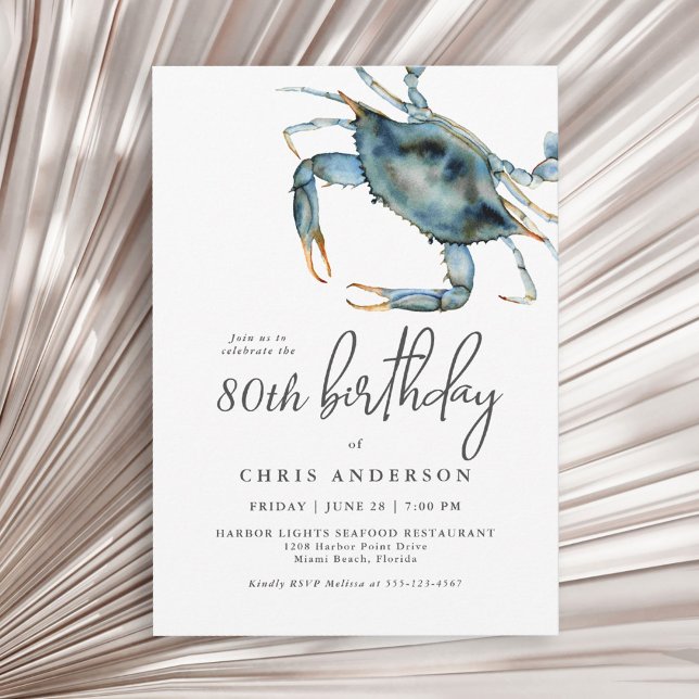 Watercolor Blue Crab Seafood 80th Birthday Invitation (Available as printed and paperless digital download!)