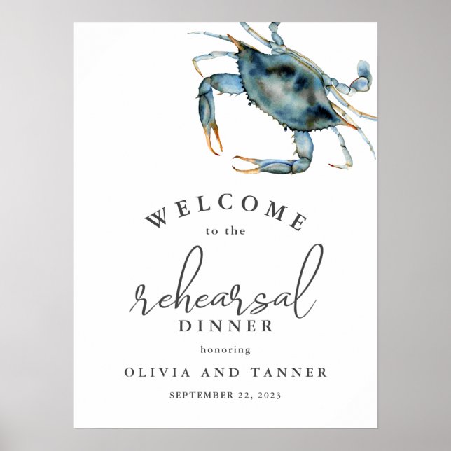 Watercolor Blue Crab Seafood Rehearsal Dinner Poster (Front)