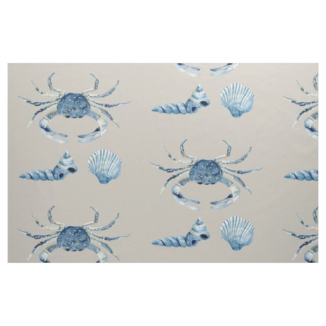 Watercolor Blue Crab Shells Contemporary Modern Fabric (Fat Quarter)