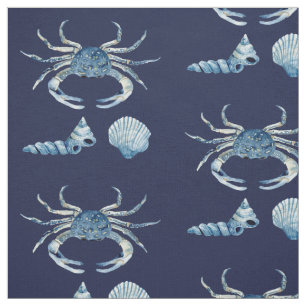 Watercolor Blue Crab Shells Contemporary Modern Fabric