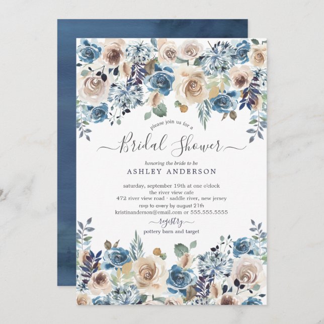 Watercolor Blue & Cream Floral Bridal Shower Invitation (Front/Back)
