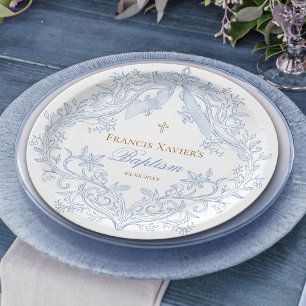 watercolor blue crest baby boy Baptism Paper Plate