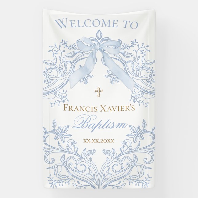  watercolor blue crest Baptism welcome sign (Vertical)