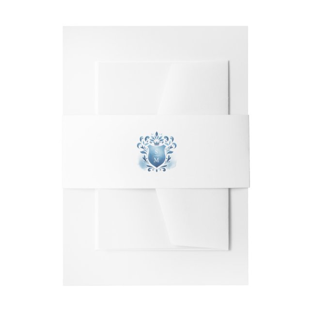 Watercolor Blue Crest Monogram Wedding Invitation Belly Band (Front Example)