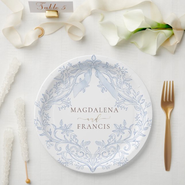  watercolor blue crest wedding paper plate (Wedding)