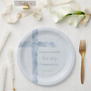 watercolor blue cross First Communion Paper Plate