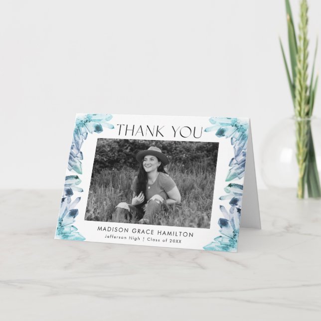 Watercolor Blue Crystals Photo Graduation Thank You Card (Front)