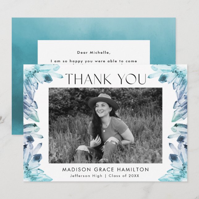 Watercolor Blue Crystals Photo Graduation Thank You Card (Front/Back)