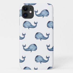 Watercolor blue cute whale. Nautical navy animals iPhone 11 Case