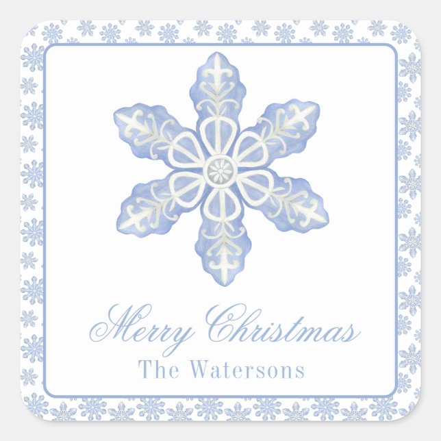 Watercolor Blue Designer Snowflake Square Sticker (Front)