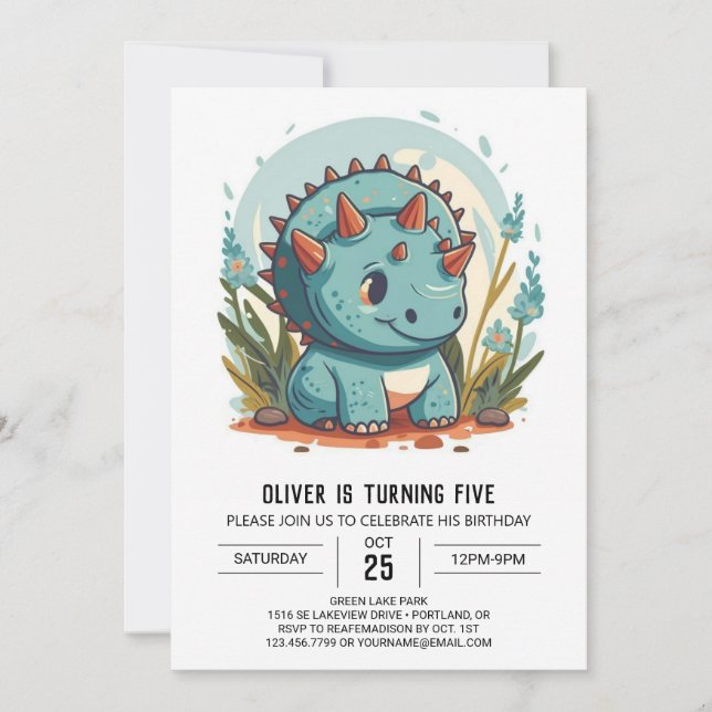 Watercolor Blue Dinosaur Boy Birthday  Invitation (Front)