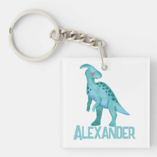 Watercolor Blue Dinosaur with Kids Name Key Ring
