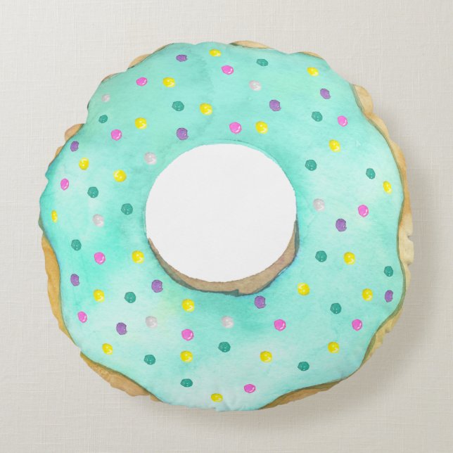 Watercolor Blue Donut Sprinkles Cute Doughnut Round Cushion (Front)